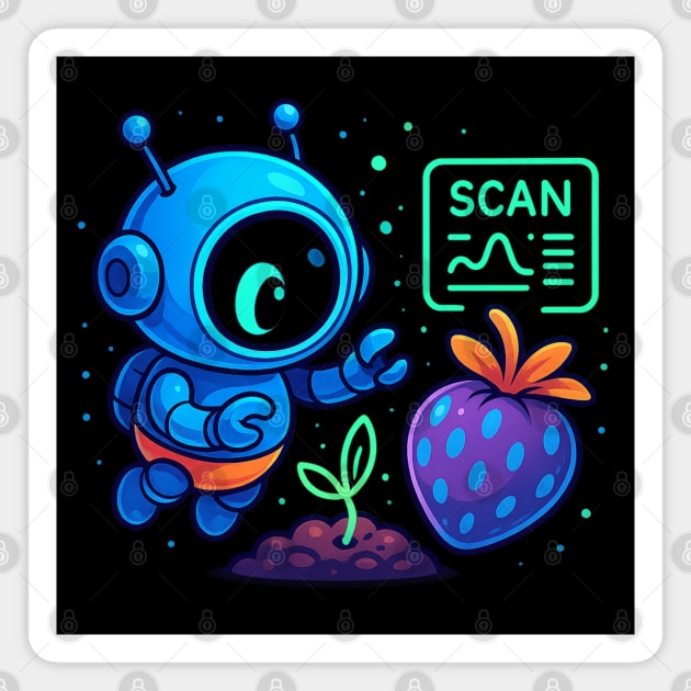 Cute Robot Scanning Sprout and Berry • Adorable Sci-Fi Nature Art Magnet by Anne Lee